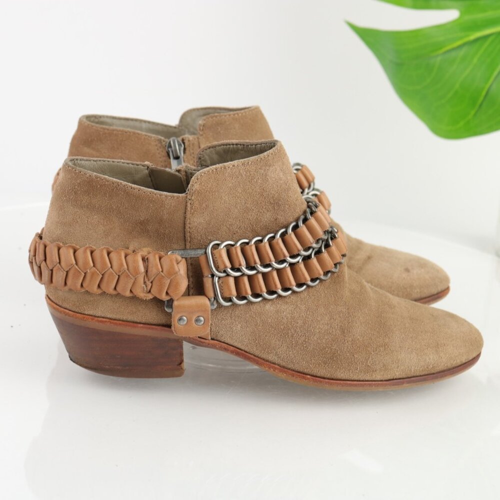 Sam Edelman Womens Posey Boot Size 7.5 Tan Suede Braided Chain Harness Bootie